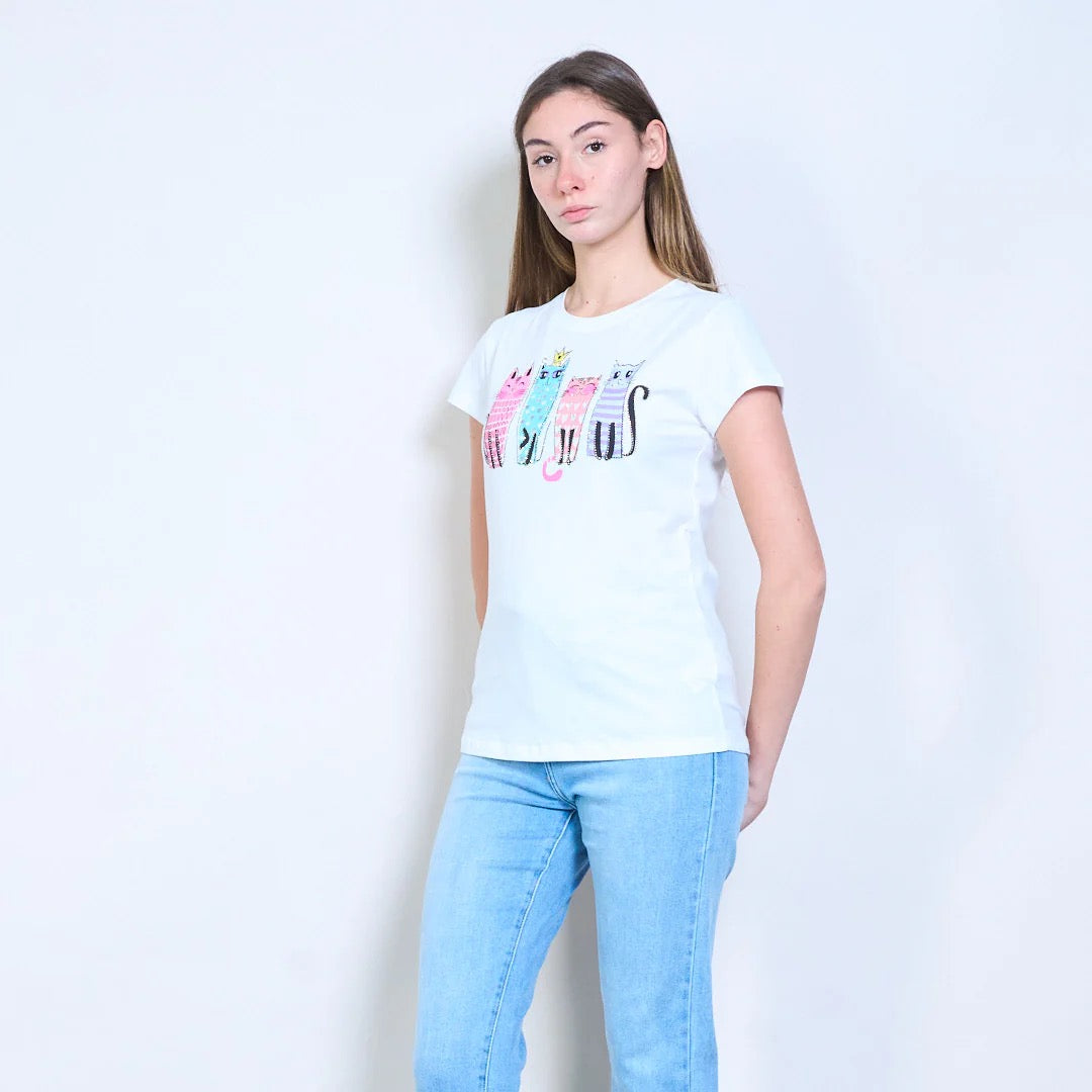 Mit Katzengrafiken bedrucktes Kurzarm-T-Shirt mit Strasssteinen