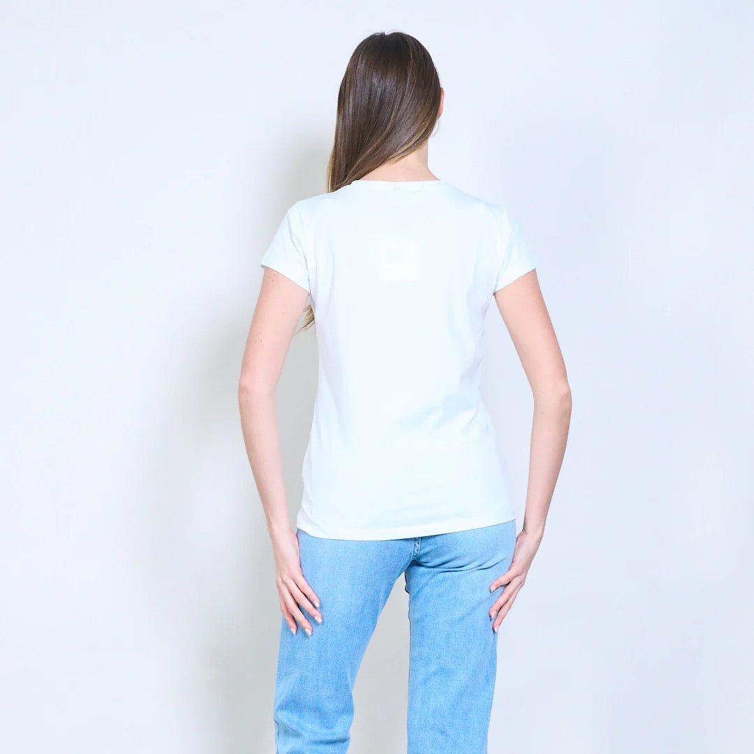 Mit Katzengrafiken bedrucktes Kurzarm-T-Shirt mit Strasssteinen