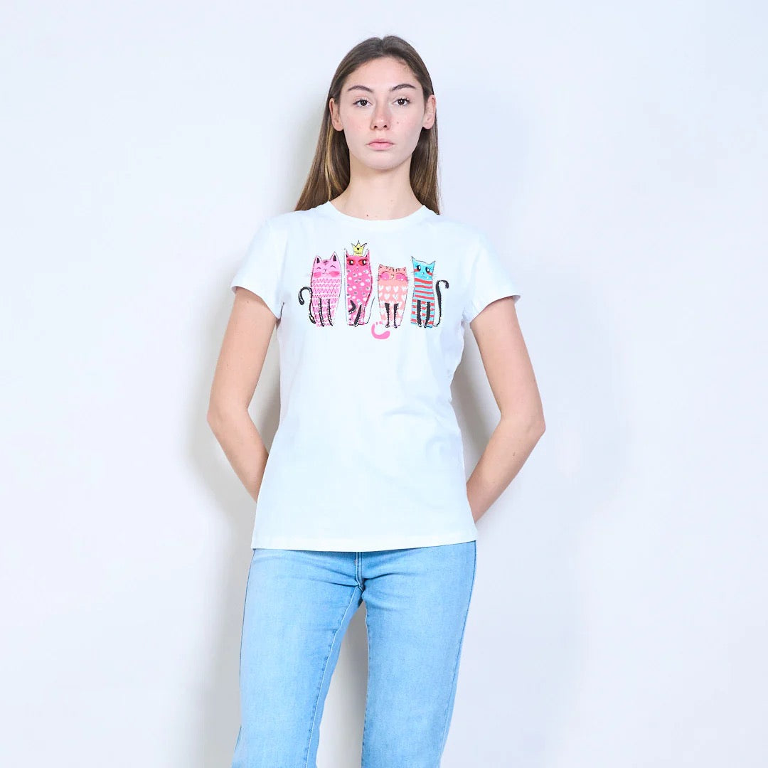 Mit Katzengrafiken bedrucktes Kurzarm-T-Shirt mit Strasssteinen