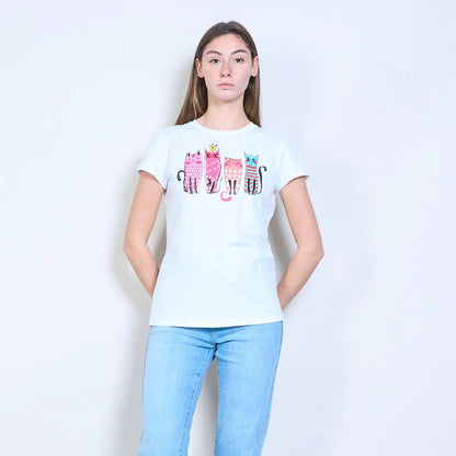 Mit Katzengrafiken bedrucktes Kurzarm-T-Shirt mit Strasssteinen