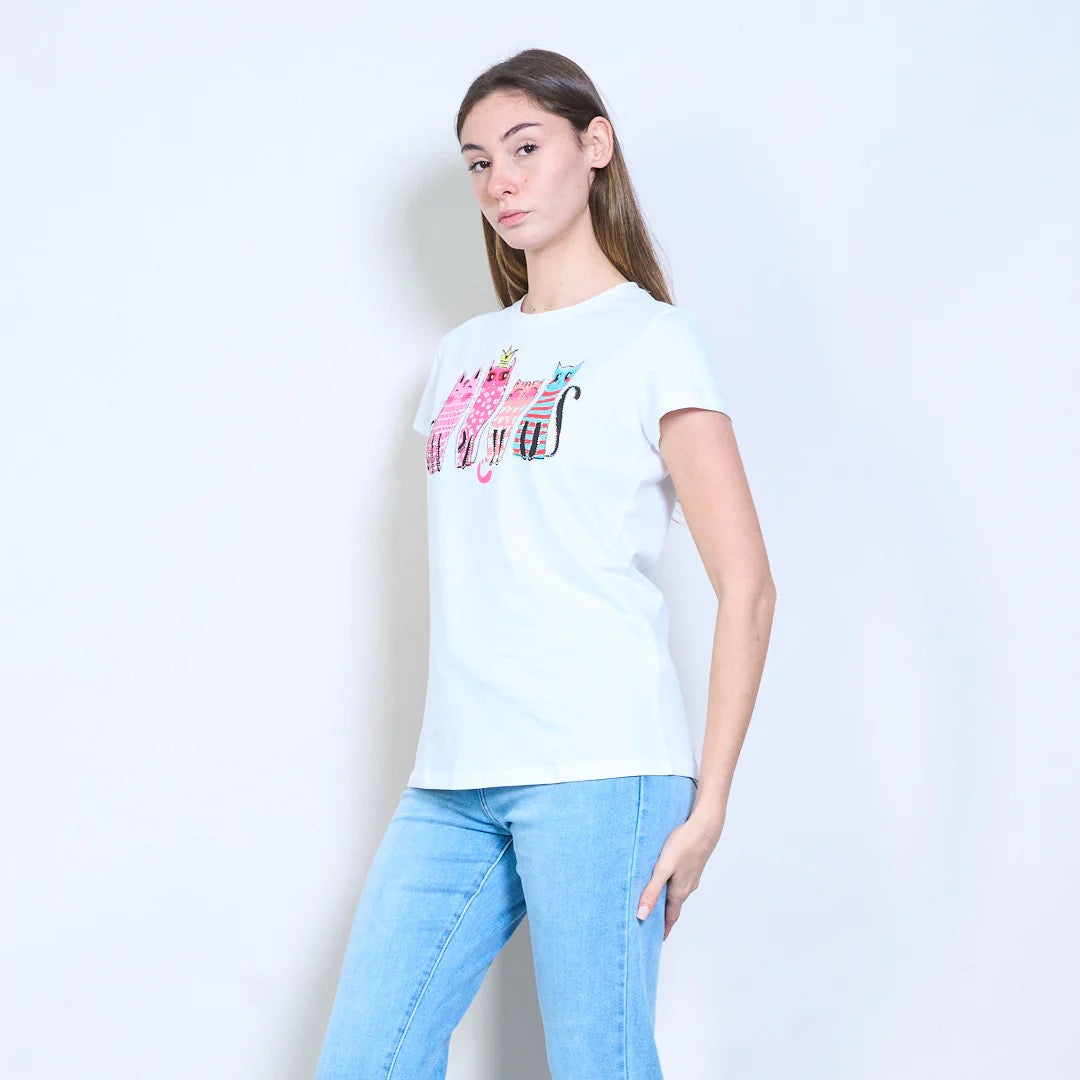 Mit Katzengrafiken bedrucktes Kurzarm-T-Shirt mit Strasssteinen