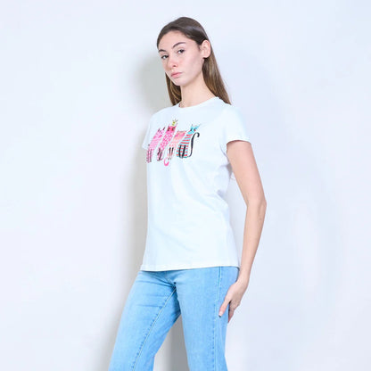 Mit Katzengrafiken bedrucktes Kurzarm-T-Shirt mit Strasssteinen