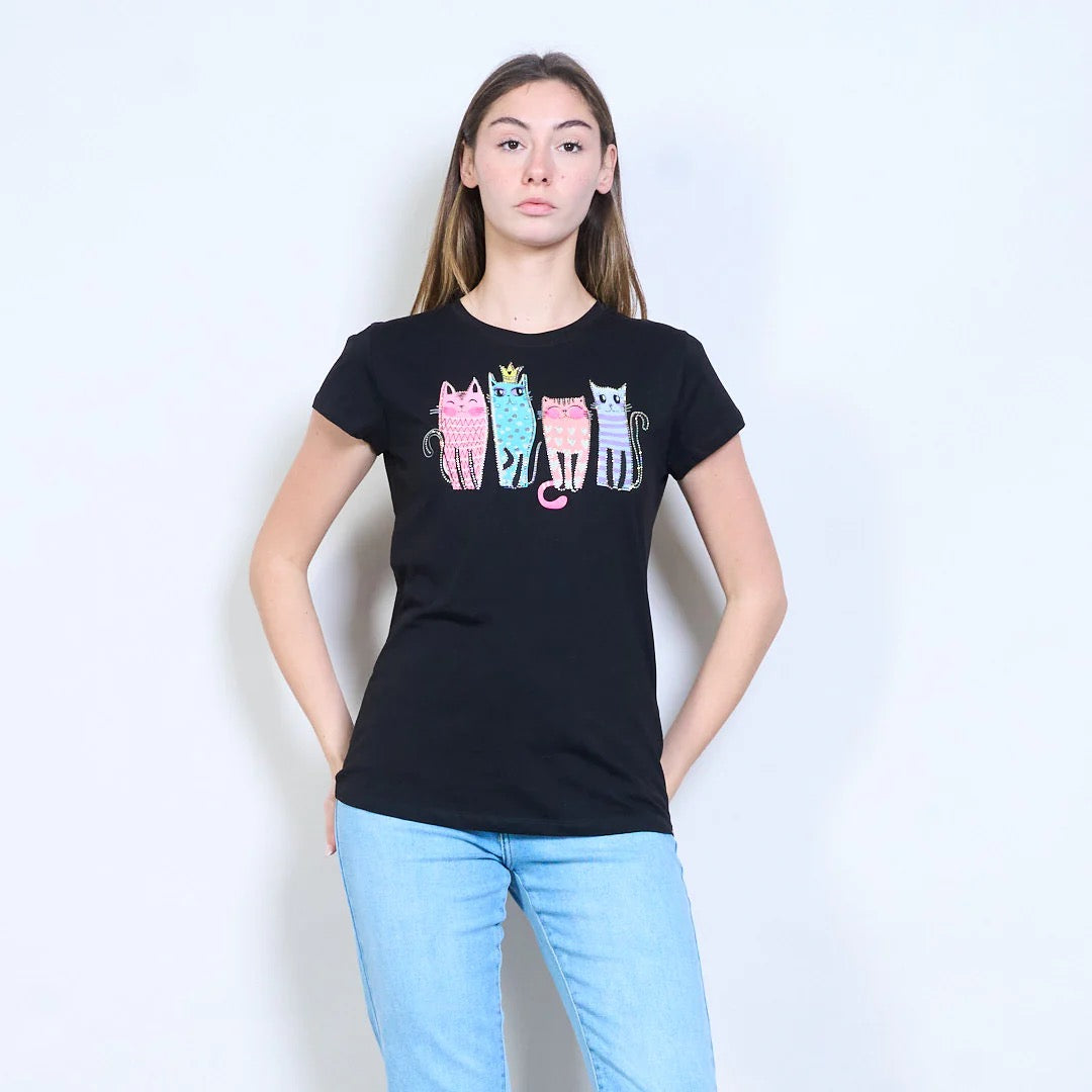 Mit Katzengrafiken bedrucktes Kurzarm-T-Shirt mit Strasssteinen