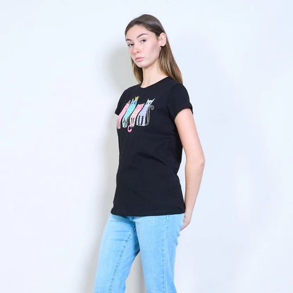 Mit Katzengrafiken bedrucktes Kurzarm-T-Shirt mit Strasssteinen