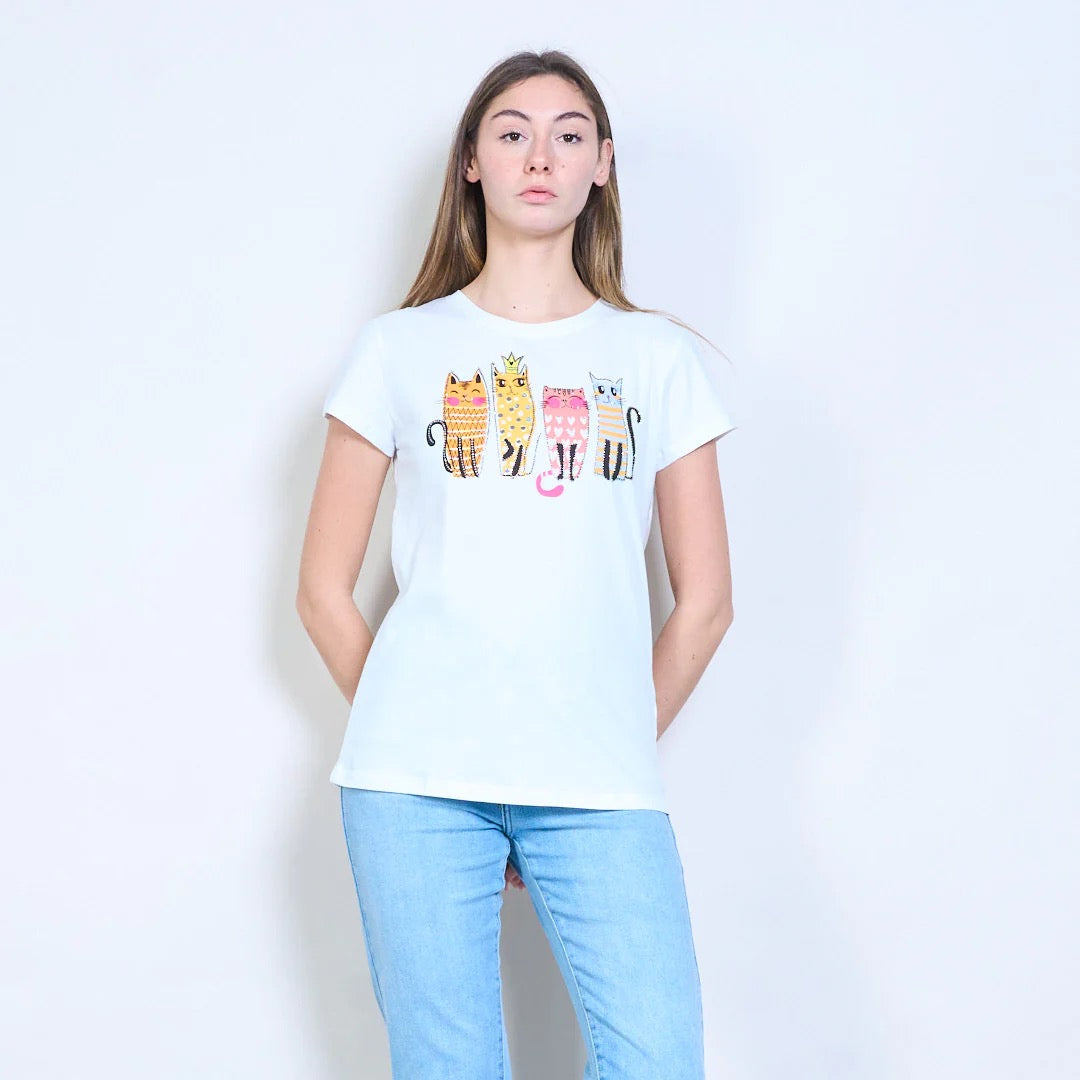 Mit Katzengrafiken bedrucktes Kurzarm-T-Shirt mit Strasssteinen