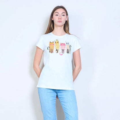 Mit Katzengrafiken bedrucktes Kurzarm-T-Shirt mit Strasssteinen