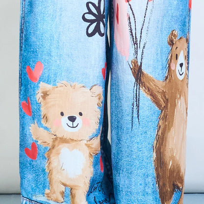 Herz- und Tierillustration, elastischer Bund, entspannte Denim-Hosen mit weitem Bein
