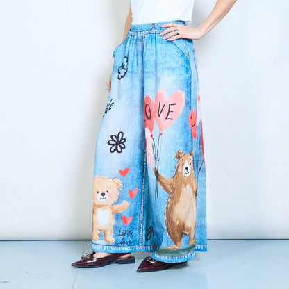 Herz- und Tierillustration, elastischer Bund, entspannte Denim-Hosen mit weitem Bein