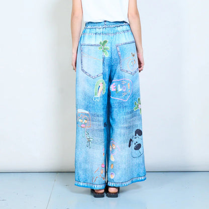 Skurrile Skizzencharakter-Jeanshose mit elastischem Bund und lockerer Passform