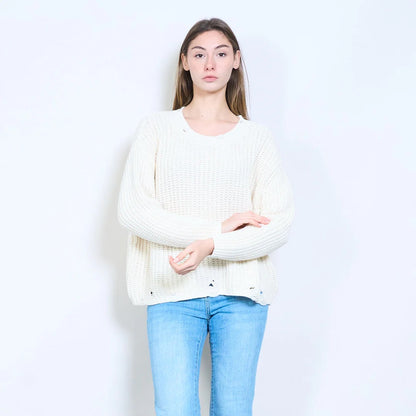 Langärmliger, lockerer Strickpullover mit grobem Rippstrick und Rundhalsausschnitt