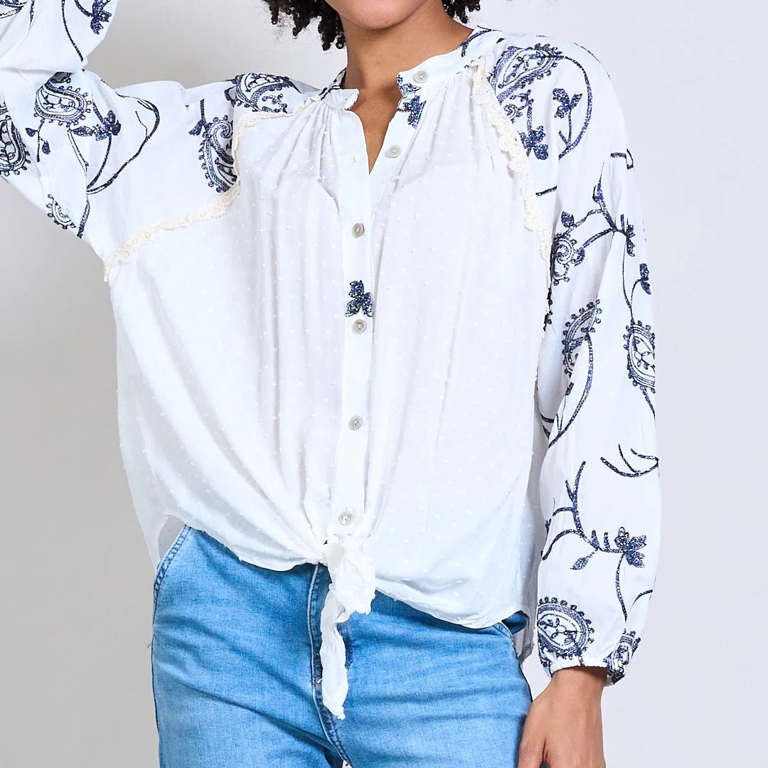 Paisley Stickerei Dobby Textur  Bluse