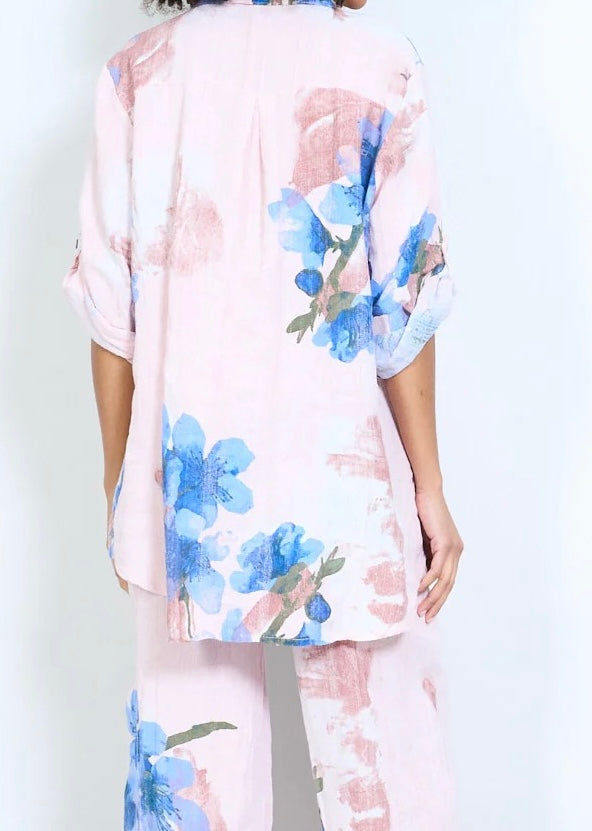 Bluse mit aufrollbarem Ärmel und Knopfleiste mit abstraktem Blumendruck