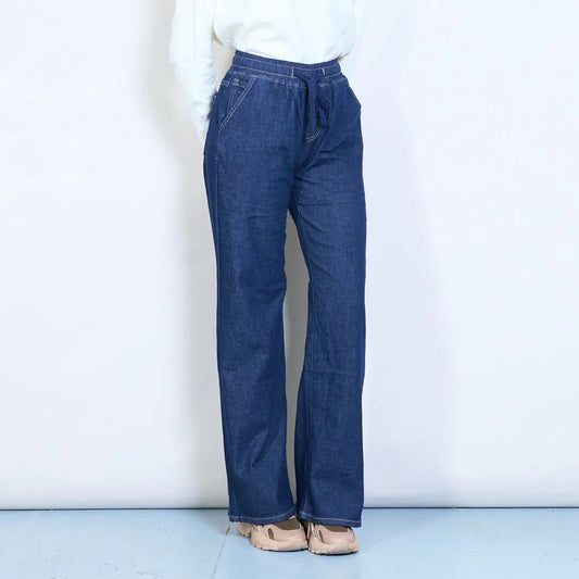 Hohe Taille, elastischer Bund, gerades Bein, entspannte Denim-Hose Jeans