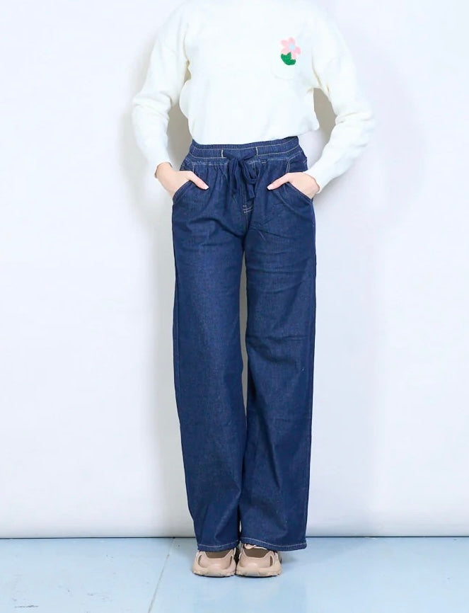 Hohe Taille, elastischer Bund, gerades Bein, entspannte Denim-Hose Jeans
