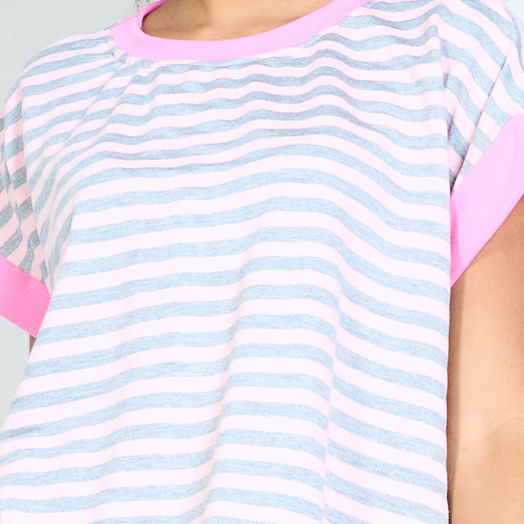 Gestreiftes, kontrastierendes, übergroßes Oberteil T-Shirt mit gerollten Ärmeln