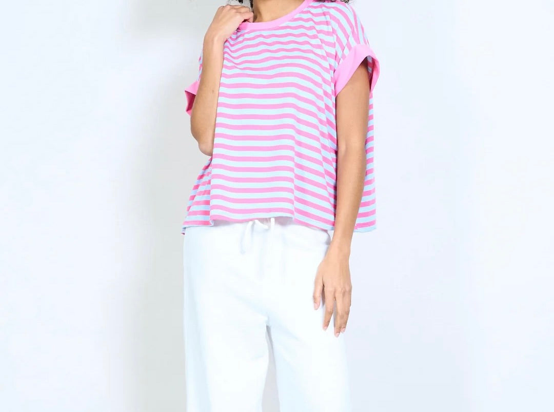 Gestreiftes, kontrastierendes, übergroßes Oberteil T-Shirt mit gerollten Ärmeln