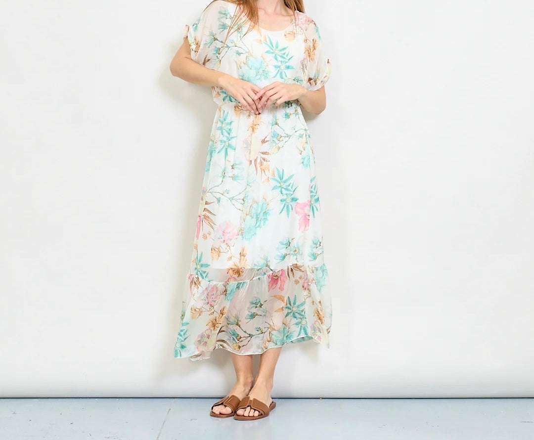 Aquarellblütendruckschichtkleid mit elastischer Taille