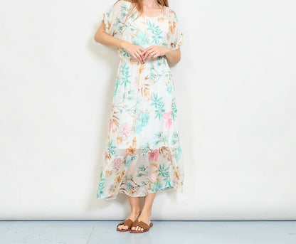 Aquarellblütendruckschichtkleid mit elastischer Taille