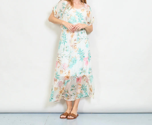 Aquarellblütendruckschichtkleid mit elastischer Taille