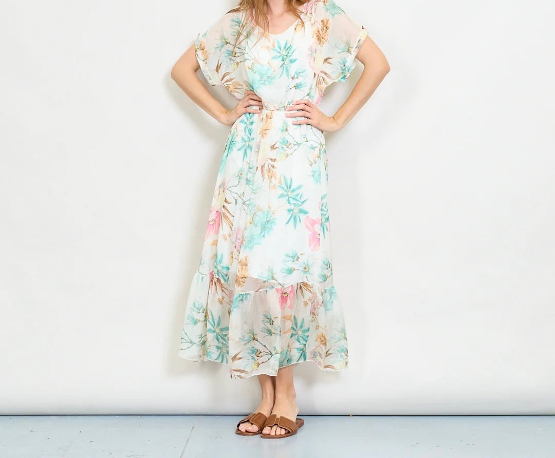 Aquarellblütendruckschichtkleid mit elastischer Taille