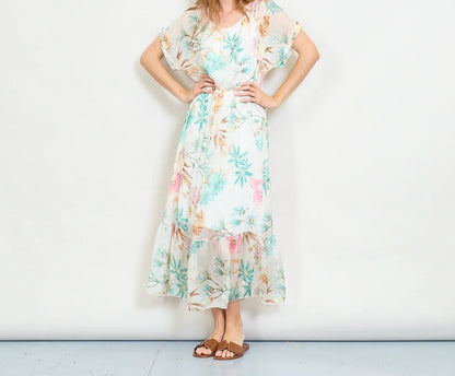 Aquarellblütendruckschichtkleid mit elastischer Taille
