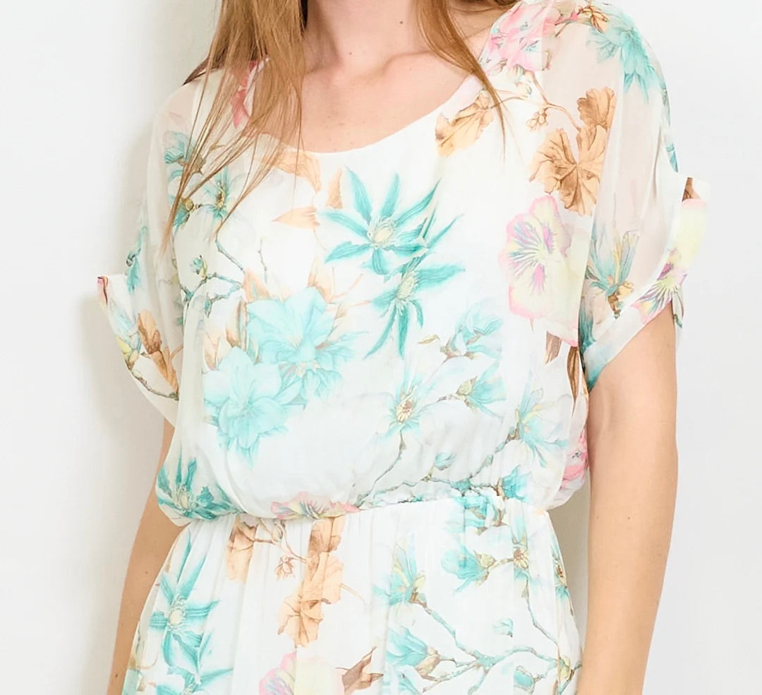 Aquarellblütendruckschichtkleid mit elastischer Taille