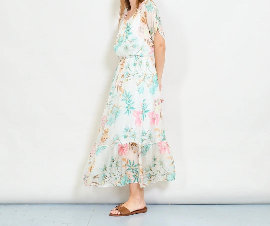 Aquarellblütendruckschichtkleid mit elastischer Taille