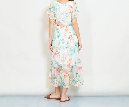 Aquarellblütendruckschichtkleid mit elastischer Taille
