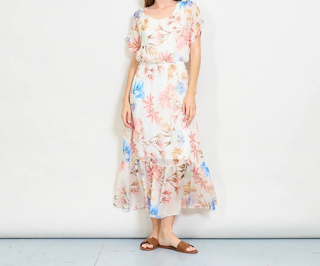 Aquarellblütendruckschichtkleid mit elastischer Taille