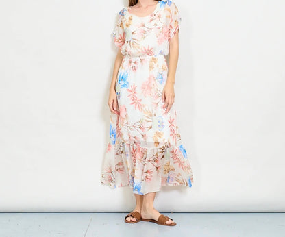 Aquarellblütendruckschichtkleid mit elastischer Taille