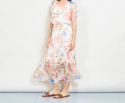 Aquarellblütendruckschichtkleid mit elastischer Taille
