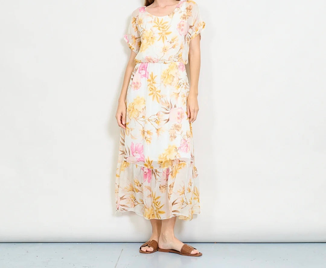 Aquarellblütendruckschichtkleid mit elastischer Taille