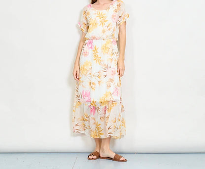 Aquarellblütendruckschichtkleid mit elastischer Taille