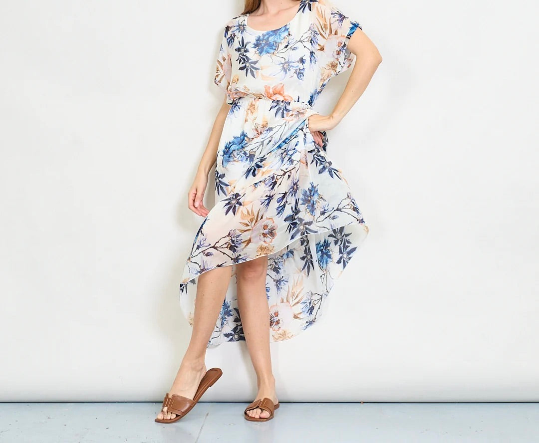 Aquarellblütendruckschichtkleid mit elastischer Taille