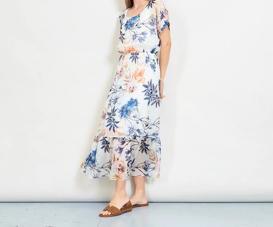 Aquarellblütendruckschichtkleid mit elastischer Taille