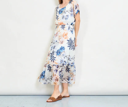 Aquarellblütendruckschichtkleid mit elastischer Taille