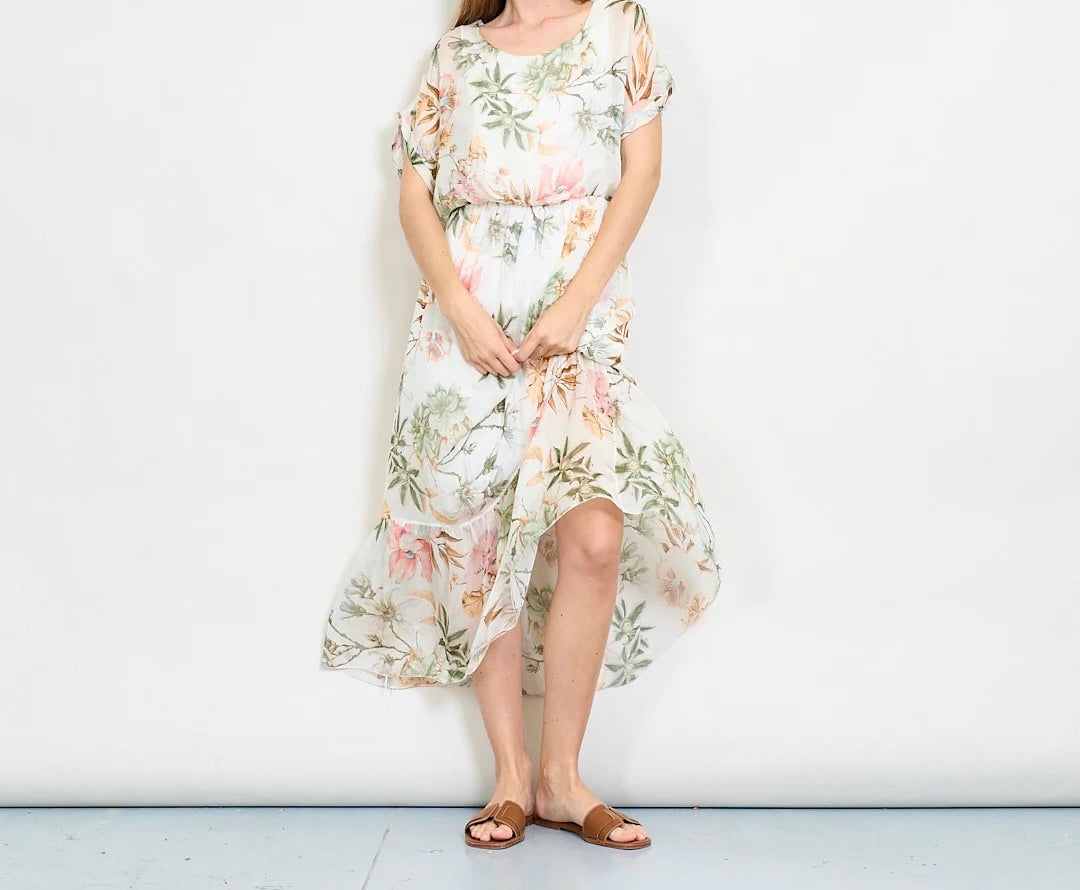 Aquarellblütendruckschichtkleid mit elastischer Taille