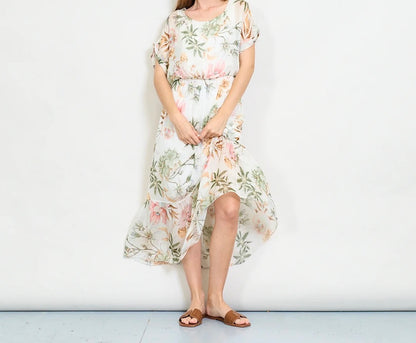 Aquarellblütendruckschichtkleid mit elastischer Taille