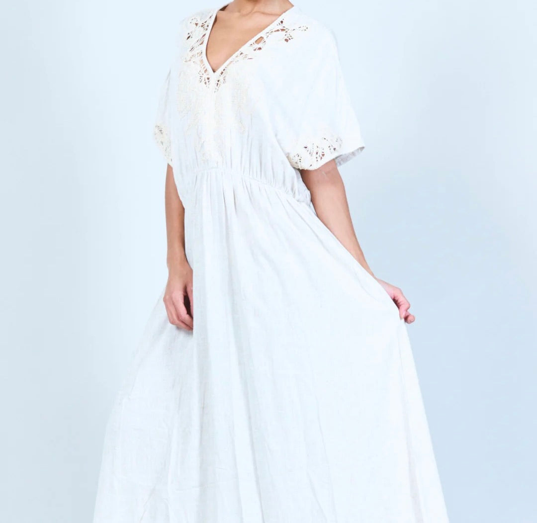 Sticked V-Ausschnitt Maxi Kleid