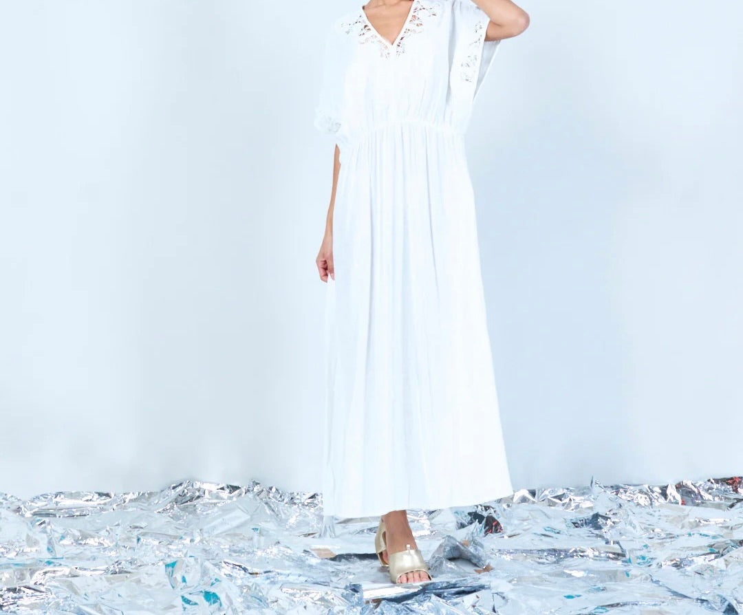 Sticked V-Ausschnitt Maxi Kleid