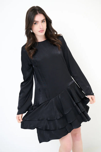 Satin-Langarm-Minikleid mit Rüschen