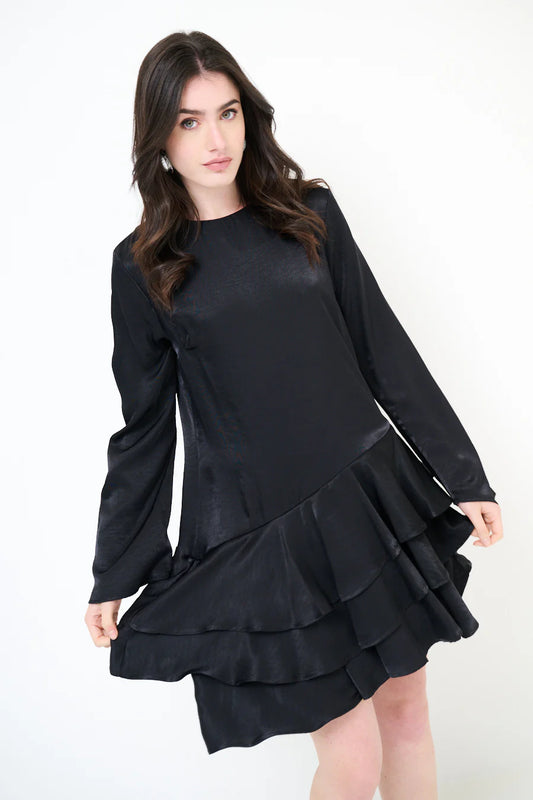 Satin-Langarm-Minikleid mit Rüschen
