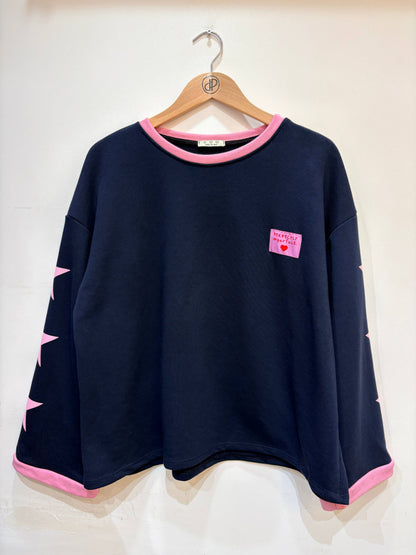 Oversize-Sweatshirt, Rundhalsausschnitt, Sterne, Baumwolle, zweifarbig