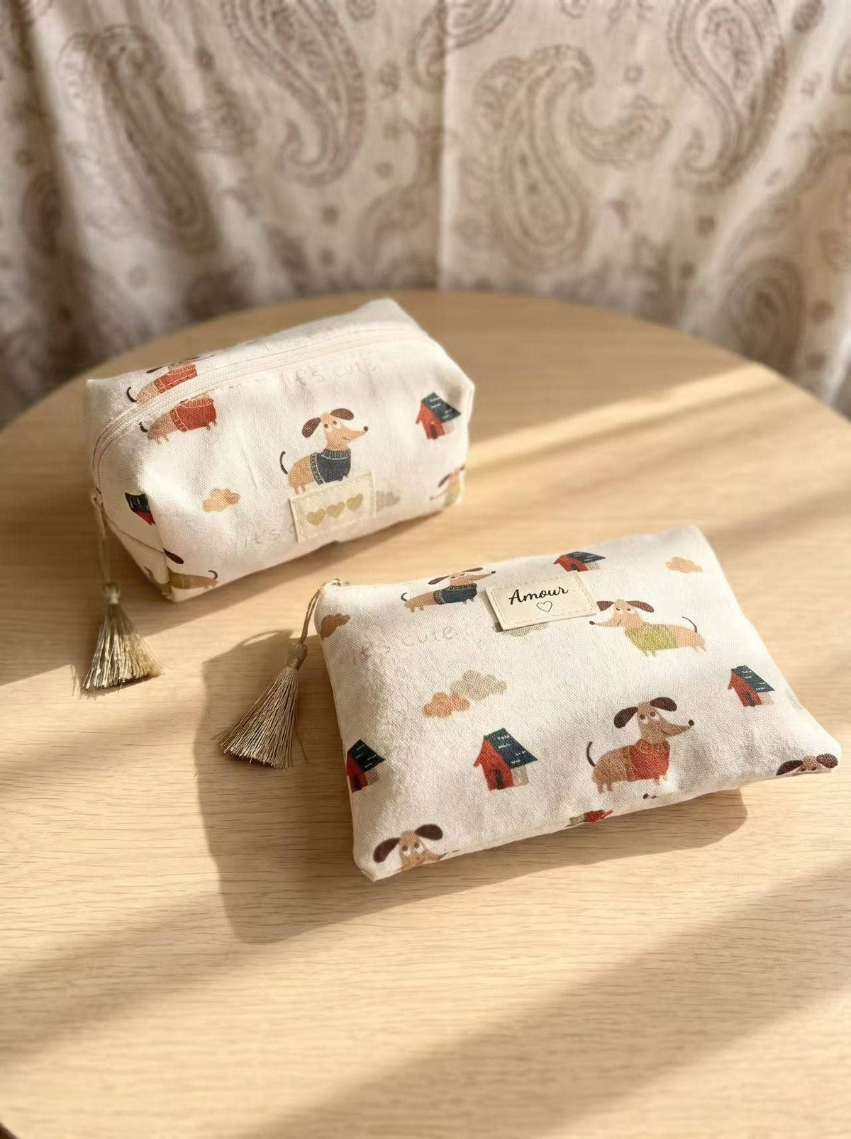 Trendiges Dackel-Täschchen-Set beige schick entzückend