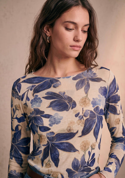 Floral bedrucktes Top, Rundhalsausschnitt, lange Ärmel, tailliert PT2632: Rosa / STANDARDGRÖSSE (36-42 / S-XL)
