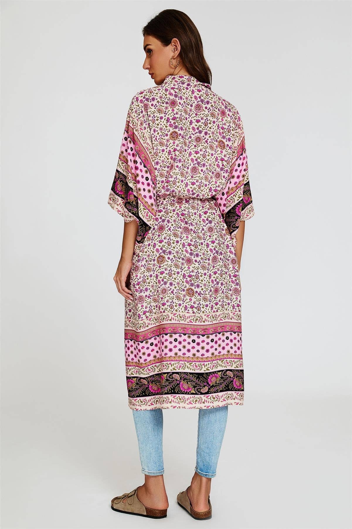 Entspannter Baumwoll-Kimono in Rosa
