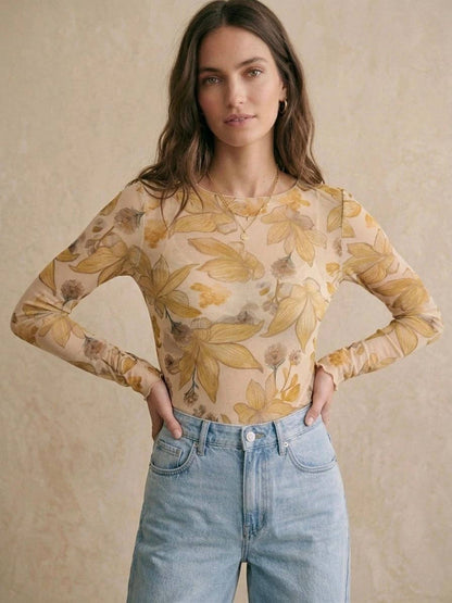 Floral bedrucktes Top, Rundhalsausschnitt, lange Ärmel, tailliert PT2632: Rosa / STANDARDGRÖSSE (36-42 / S-XL)