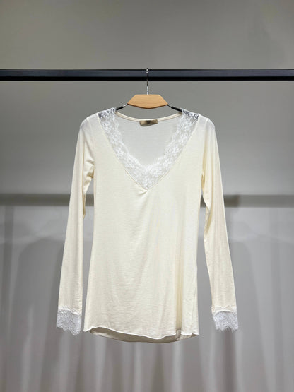 Leichtes V-Ausschnitt Langarmshirt mit Spitze 15% Kaschmir