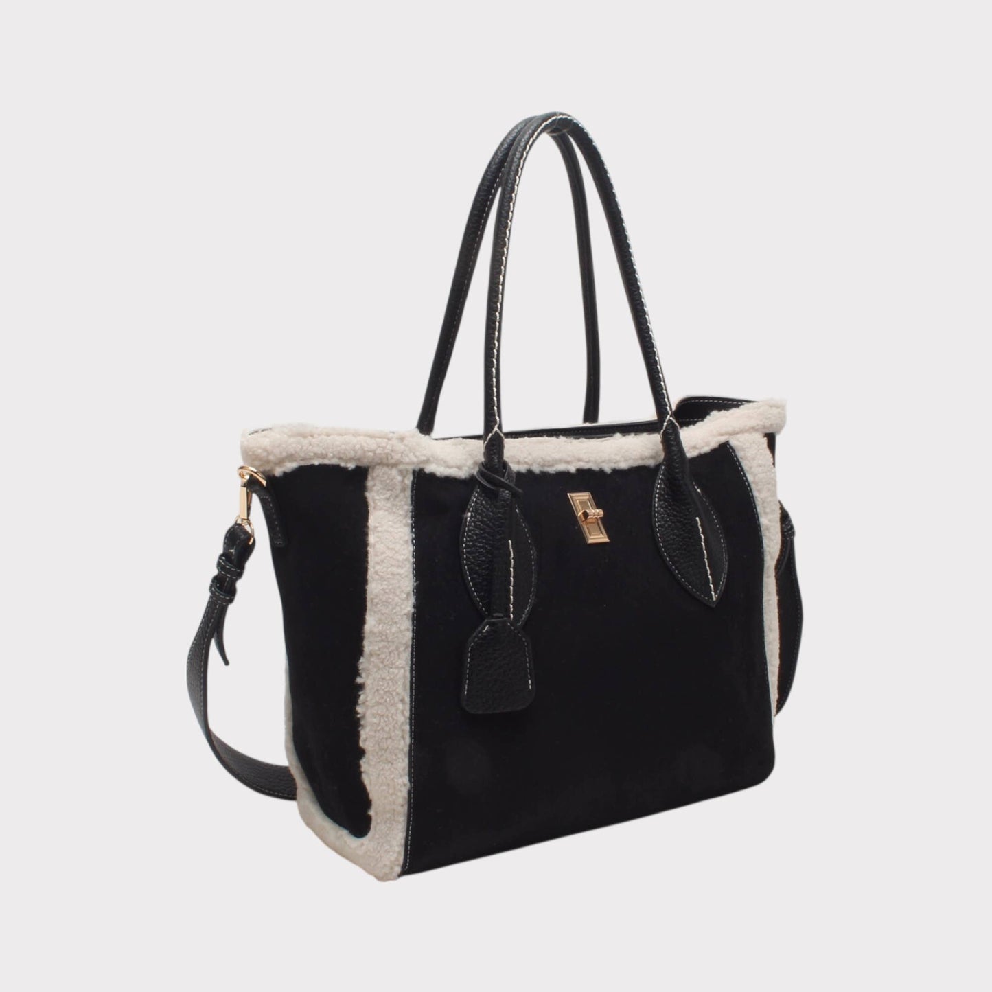 Schultertasche mit dekorativem Verschluss, zweifarbiges Wildleder.