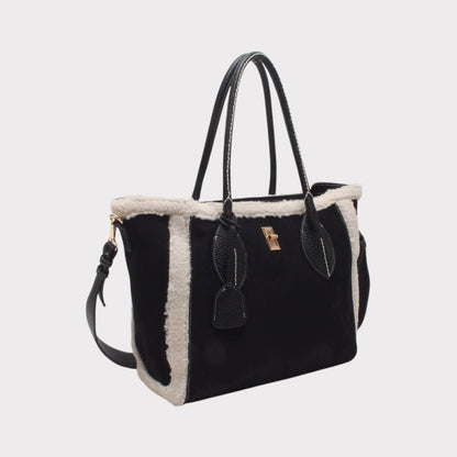 Schultertasche mit dekorativem Verschluss, zweifarbiges Wildleder.
